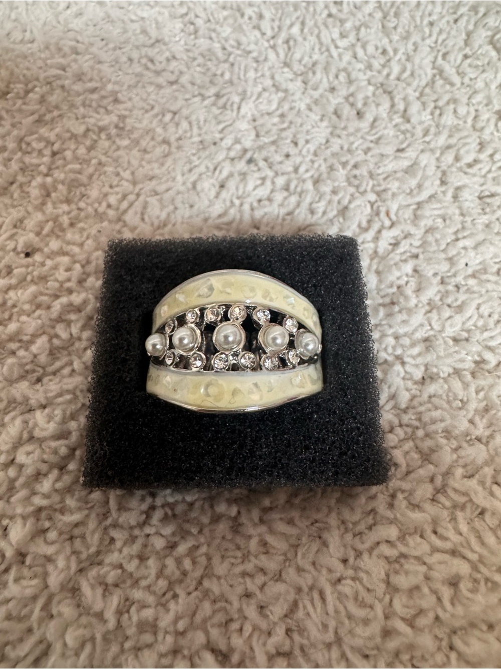 Paparazzi Ivory Enamel and Silver Pearl Accent Wide Band Ring
